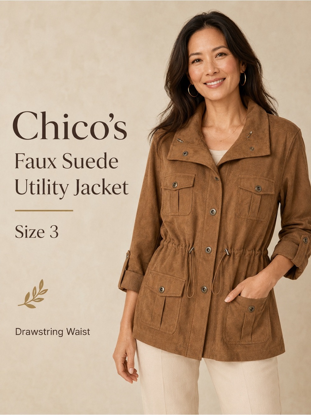 Chico's Brown Faux Suede Drawstring Utility Jacket
